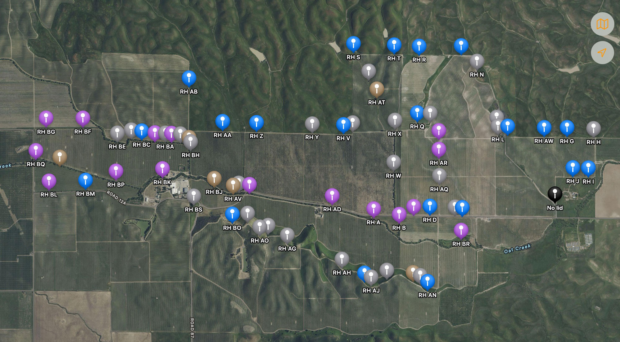 Map of box locations throughout the AgIS Capital vineyard.
