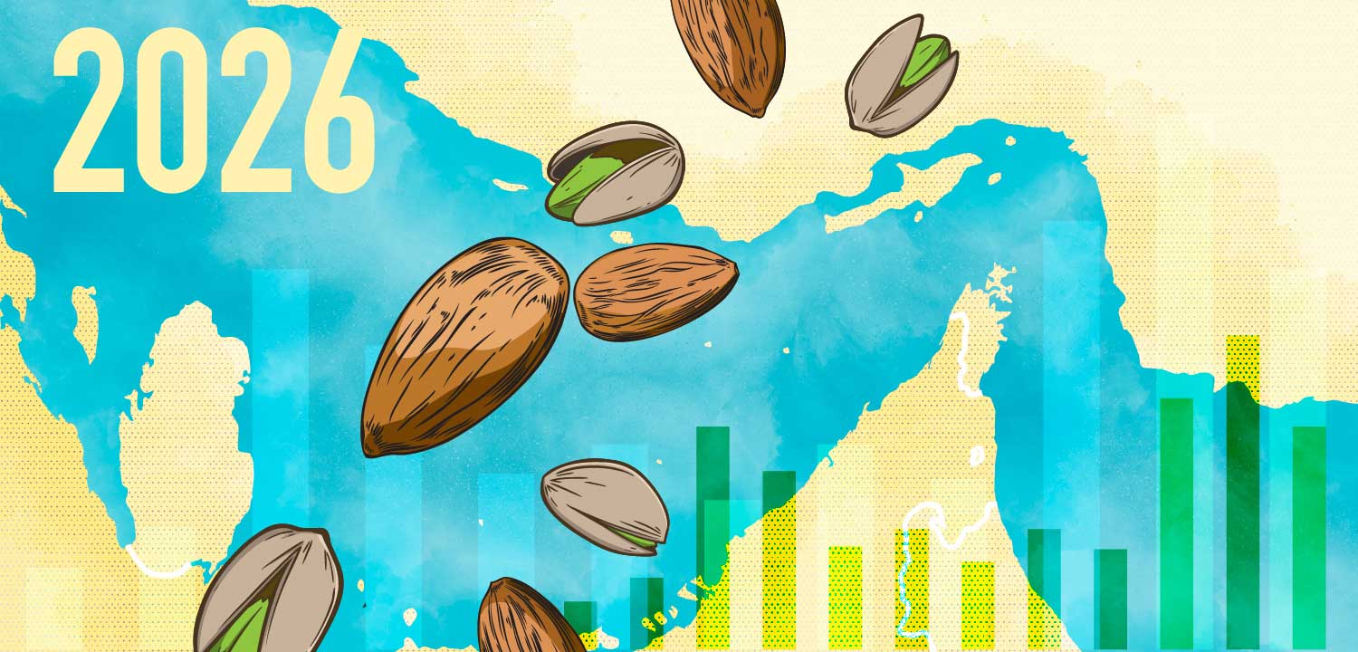 Cover image for 2026 State of the Market report with a closeup of a map of the Strait of Hormuz, with almonds and pistachios conceptually spread around the area.