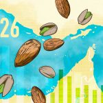 Cover image for 2026 State of the Market report with a closeup of a map of the Strait of Hormuz, with almonds and pistachios conceptually spread around the area.