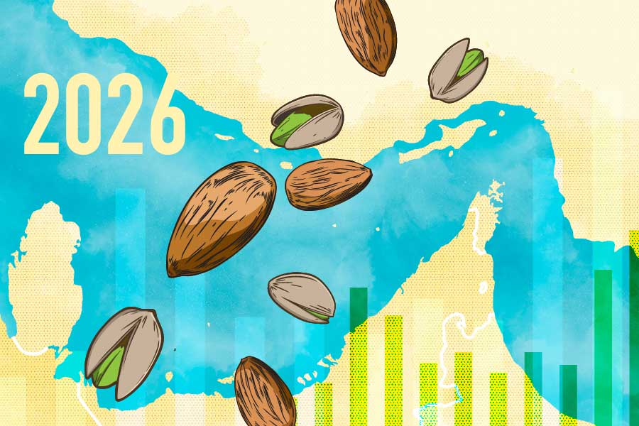 Cover image for 2026 State of the Market report with a closeup of a map of the Strait of Hormuz, with almonds and pistachios conceptually spread around the area.